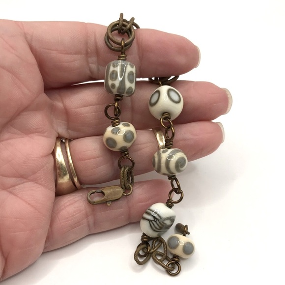 Unsigned Jewelry - Unique Glass Beaded and Brass/Copper Chain Bracelet